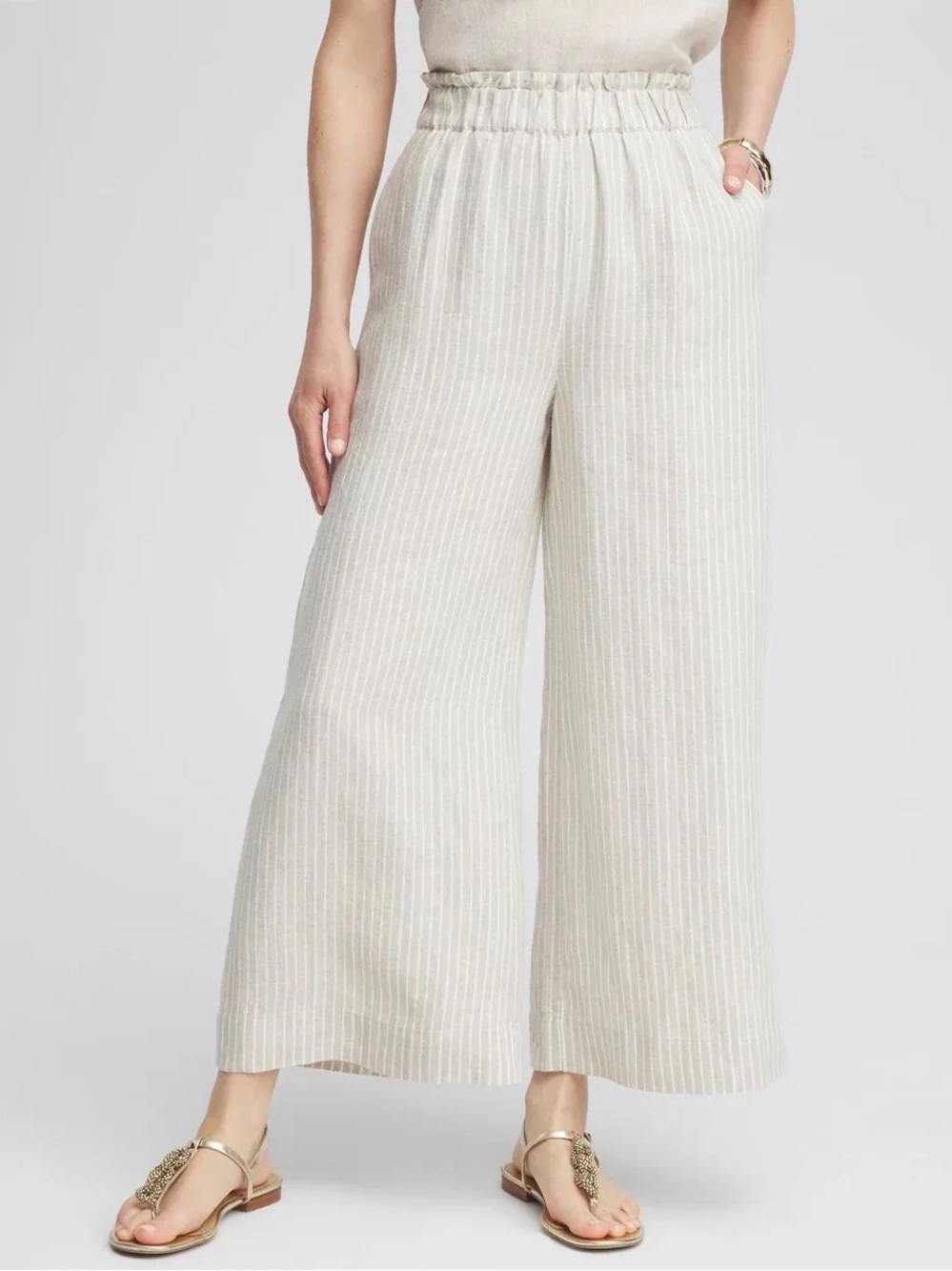 chicos Linen Stripe Wide Leg Culotte Pants Oatmeal Flax Sz 16 Pull On Elastic